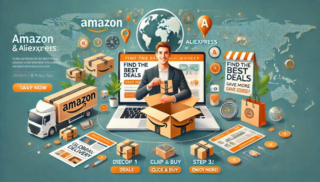 Affiliate marketing banner featuring best-selling Amazon and AliExpress products, a happy customer unboxing a package, and a step-by-step guide to finding the best deals online.