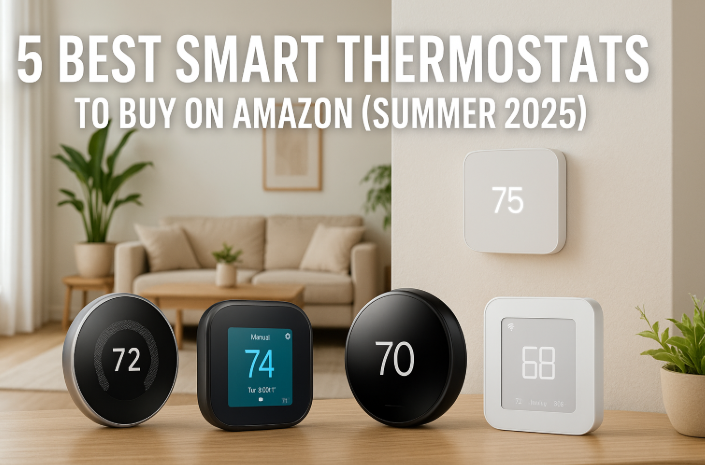 Cover image for '5 Best Smart Thermostats to Buy on Amazon (Summer 2025)' featuring various smart thermostats in a cozy modern living room