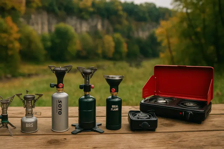 Realistic lineup of 8 popular camping stoves on a wooden table in nature, highlighting models like BRS, SOTO, and IdealFlame