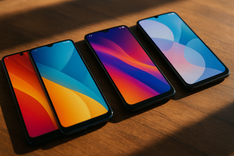 Four modern budget smartphones from 2025 displayed side-by-side on a wooden surface, with vibrant screens and sleek designs.