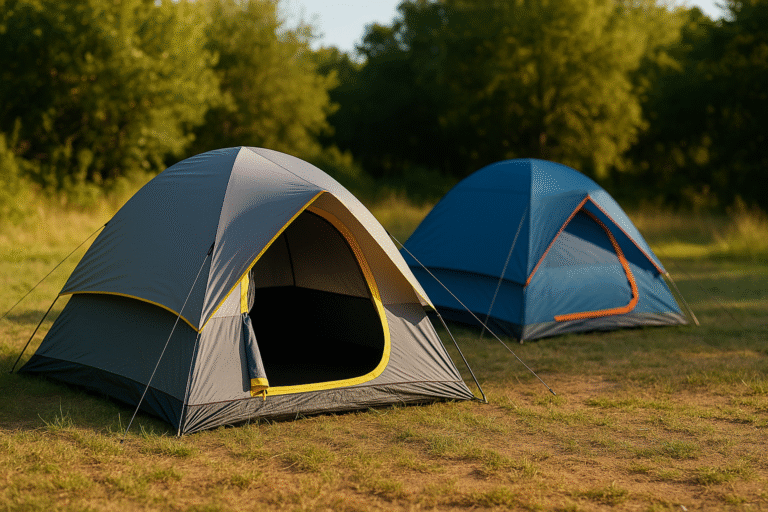 Two dome-shaped camping tents in a forest clearing, one gray with yellow trim and one blue with orange trim, pitched on grassy ground.