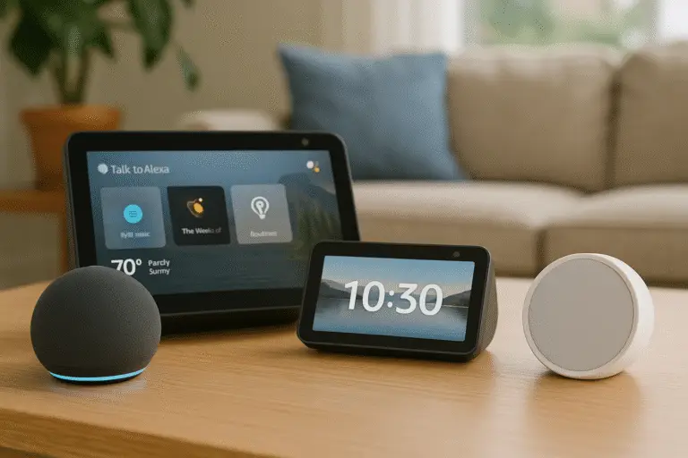 A digital photograph of four new Alexa devices, including Echo Dot, Echo Show, and Echo Pop, arranged on a wooden table in a modern living room with natural daylight and a cozy background.