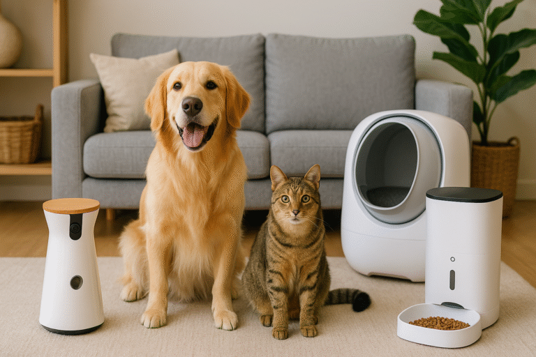 Dog and cat in a cozy living room with modern 2025 pet gadgets — smart feeder, self-cleaning litter box, and treat-tossing camera